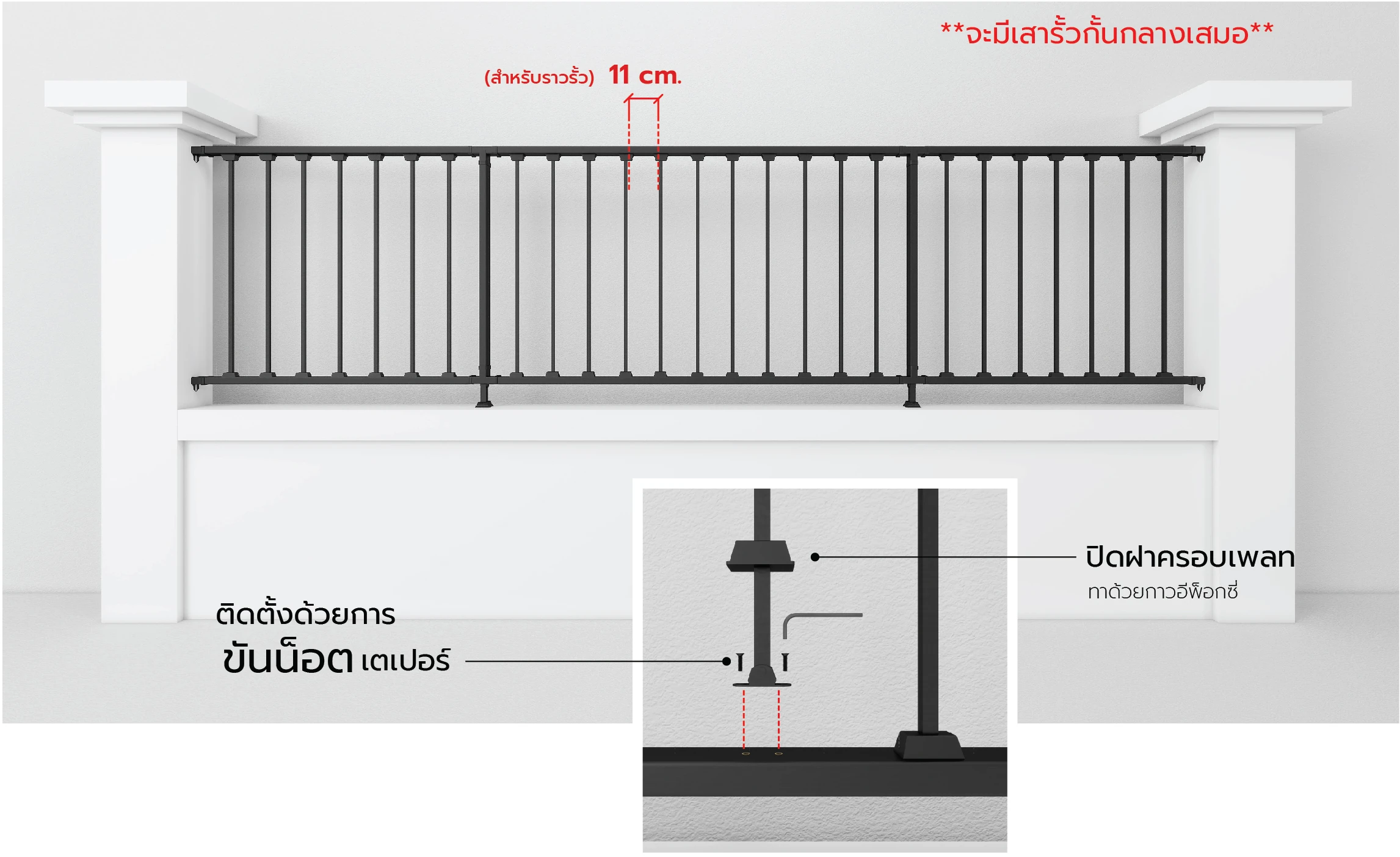 รั้วที่ติดตั้งเสร็จเต็มช่วงยาวเกิน 2 เมตร พร้อมเสารั้วกั้นกลาง