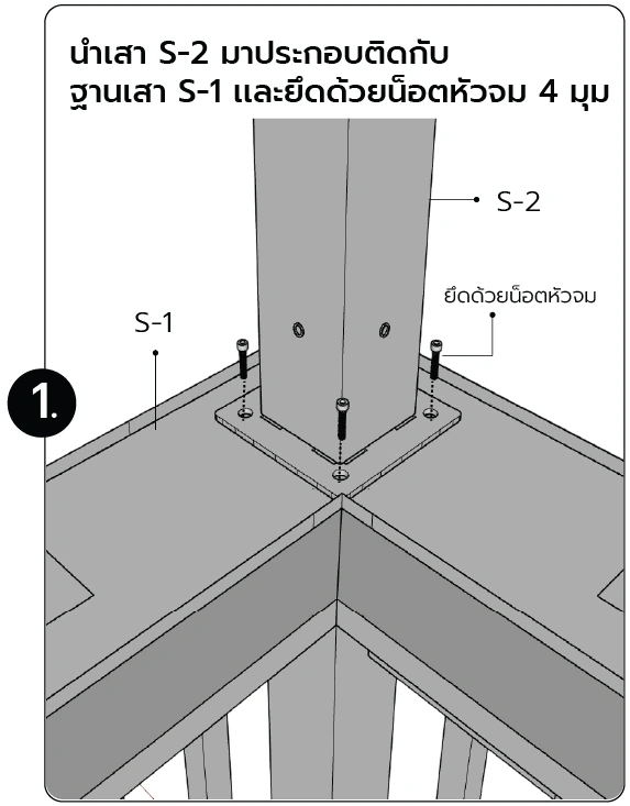 นำเสา S-2 มาประกอบติดกับฐานเสา S-1 และยึดด้วยน็อตหัวจม 4 มุม