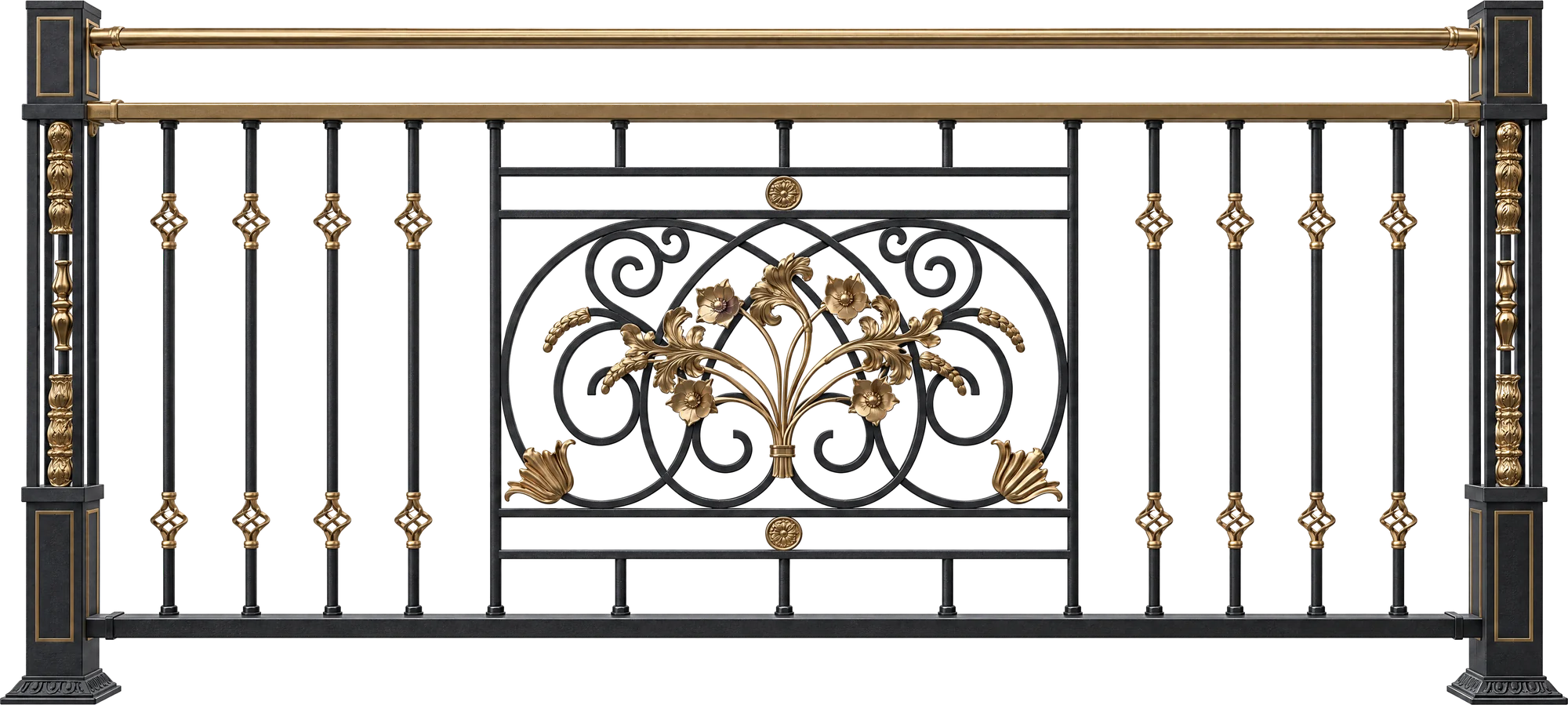 Wrought iron balcony railing with gold floral pattern, matte black with bronze-gold